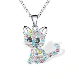Colorful Rhinestone Silver Cat Pendant Necklace